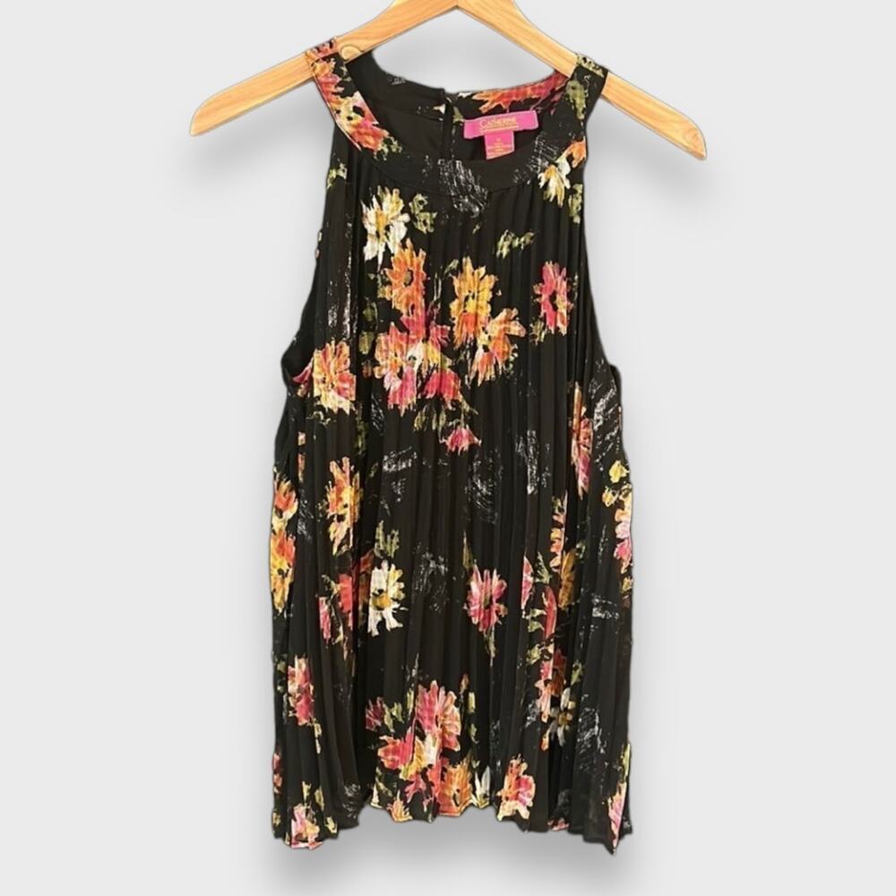 Catherine Malandrino High Neck Floral Pleated Sleeveless Blouse